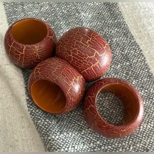 Vtg Set of 4 Reddish Brown Crackled Wood Napkin Rings Orange inside Autumn